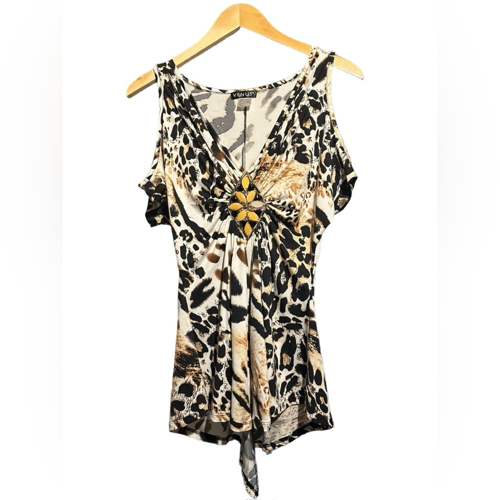 VENUS Leopard Print Deep V-Neck Cold Shoulder Blouse with Bead Detailing